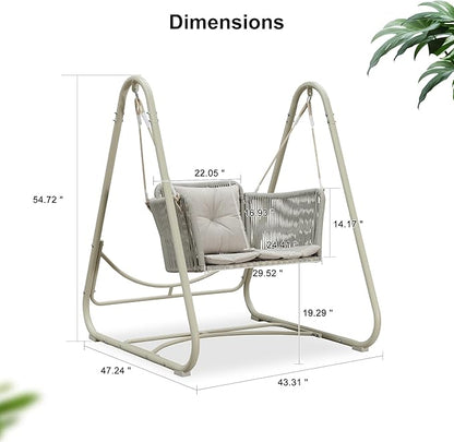 PURPLE LEAF Cloud Swing Chair with Stand and 12 White LED Lights Patio Wicker Hanging Swinging for Indoor Backyard Garden Outdoor Hammock Porch Swing, Cushion and Pillows Included, Cream