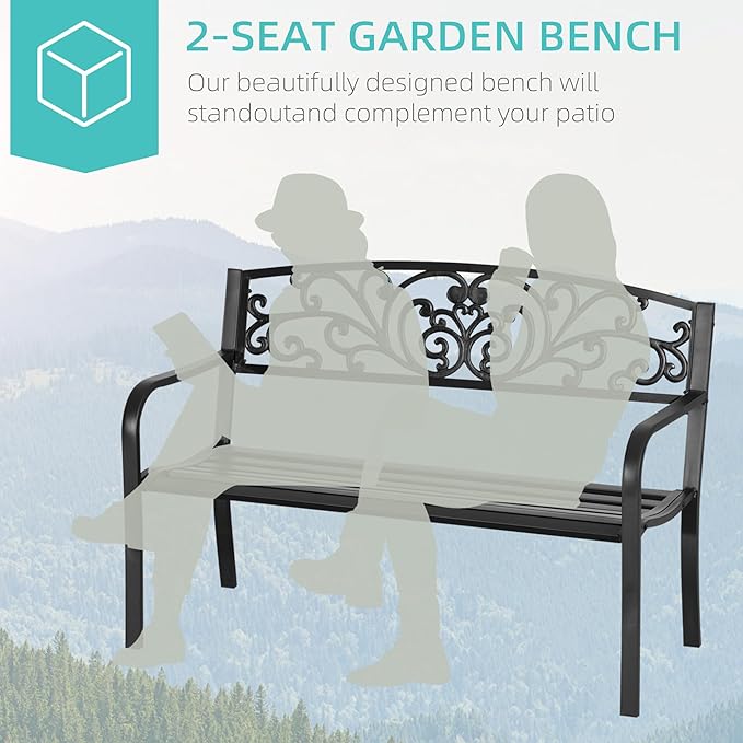 50" Outdoor Bench, Metal Garden Bench with Floral Pattern Backrest, Porch Bench with Slatted Seat for Park, Yard, Lawn, Black