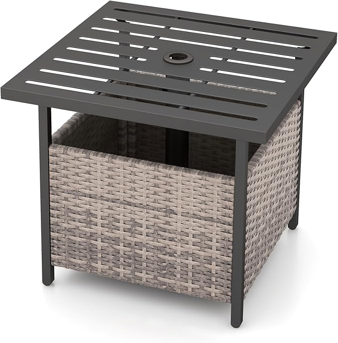 Giantex Outdoor Side Table with Umbrella Hole, 22" Wicker Umbrella Table with Stand and Base, Weather-Resistant PE Rattan Patio End Table for Deck Garden Poolside (Metal Tabletop, Light Gray)