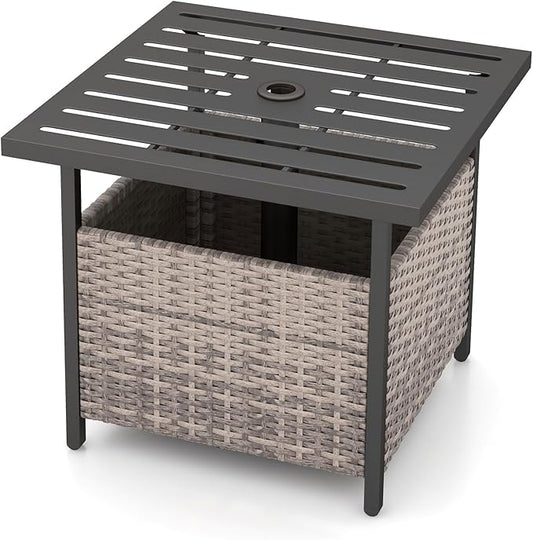Giantex Outdoor Side Table with Umbrella Hole, 22" Wicker Umbrella Table with Stand and Base, Weather-Resistant PE Rattan Patio End Table for Deck Garden Poolside (Metal Tabletop, Light Gray)