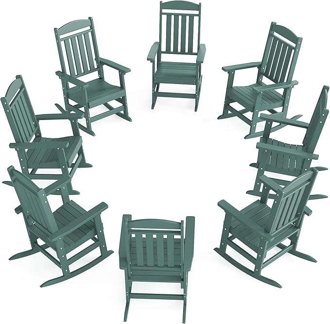 Outdoor Rocking Chairs Set of 8, Oversized High Back Patio Rocking Chairs, All Weather Porch Rocking Chairs for Outside. Dark Green