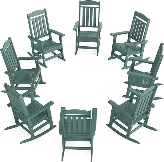 Outdoor Rocking Chairs Set of 8, Oversized High Back Patio Rocking Chairs, All Weather Porch Rocking Chairs for Outside. Dark Green