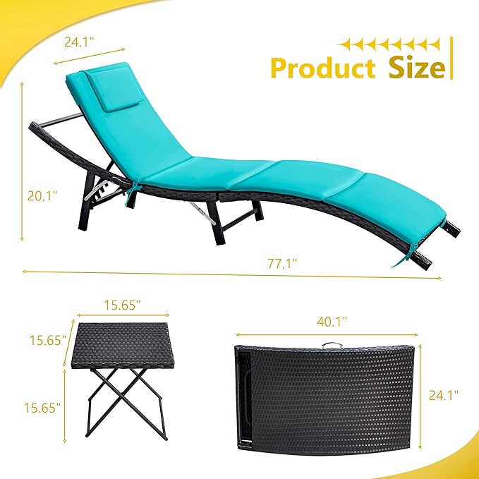 Rankok Outdoor Lounge Chairs Set 3 Pieces Adjustable Chaise Lounge with Folding Table and Cushion for Garden, Poolside - Photo 3