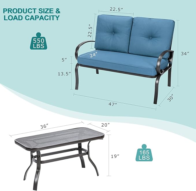 DORTALA 2-Piece Patio Furniture Set, Outdoor Indoor Loveseat and Coffee Table Set, Outdoor Sofa Metal Garden Bench with Soft Cushions, for Balcony, Lawn,Porch, Poolside, Navy
