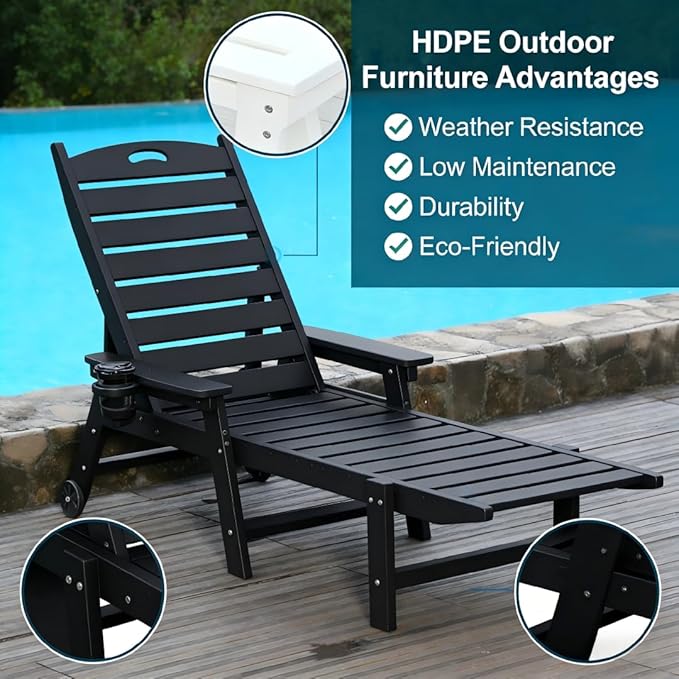 Chaise Lounge Chair Outdoor, Pool Lounge Chair with 4-Position Adjustable Backrest, Weather-Resistant HDPE Frame - Photo 8