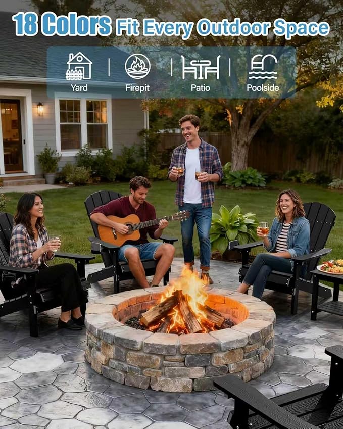 YEFU Adirondack Chair for Outdoor Patio: Zero Gravity Fire Pit Chair Plastic with Cup Holder & Wood Texture - Sturdy All-Weather HIPS for Backyard Poolside Lawn - Easy Assembly(Black)