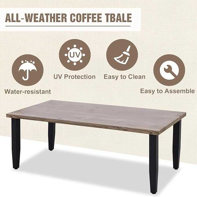 Modern Outdoor Coffee Table for Patio with Wood Grain Top, Stylish Patio Rectangle Table for Deck, Porch, Deck - Photo 4