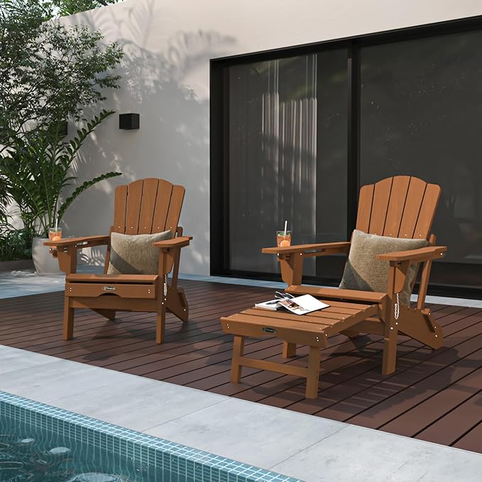 Adjustable Adirondack Chairs with Retractable Ottoman, HDEP Folding Adirondack Chair with Footrest & Cup Holder, All Weather Fire Pit Chair for Outdoor,Wood