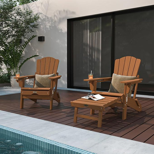 Adjustable Adirondack Chairs with Retractable Ottoman Set of 2, HDEP Folding Adirondack Chair with Footrest & Cup Holder, All Weather Fire Pit Chair for Outdoor,Wood