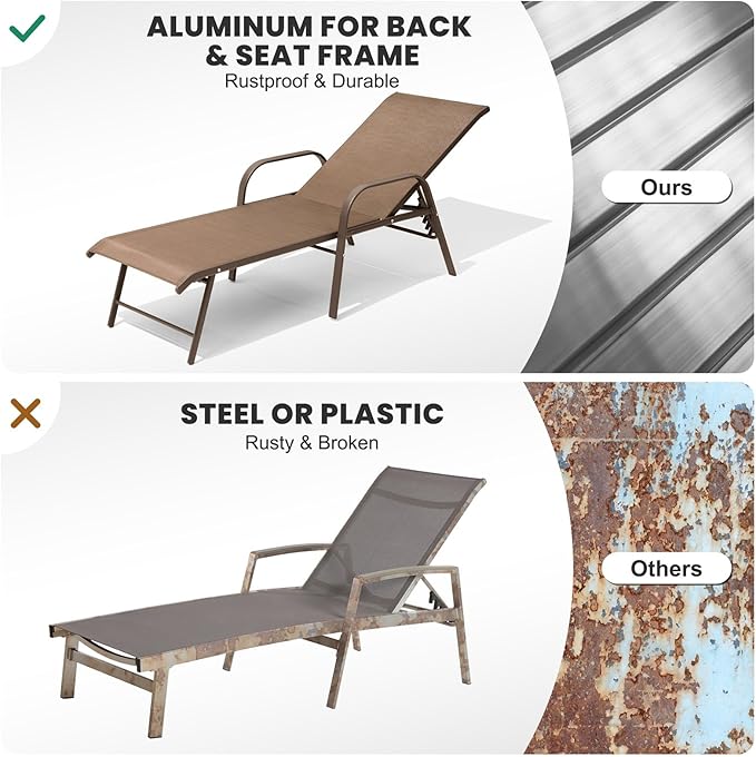 Crestlive Products Chaise Lounge Chair Outdoor with Armrests, Pool Lounge Chairs Set of 4, Aluminum Adjustable 5 Positions Sun Tanning Lounger for Patio, Poolside, Yard, Deck, Backyard (Brown)
