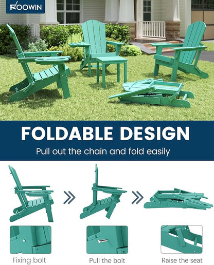 FOOWIN Folding Adirondack Chair Set of 8, HDPE Adirondack Chairs with Cup Holder, Weather Resistant Plastic Fire Pit Chairs for Outdoor, Patio, Lawn, Garden, Backyard, Deck, Lake Blue