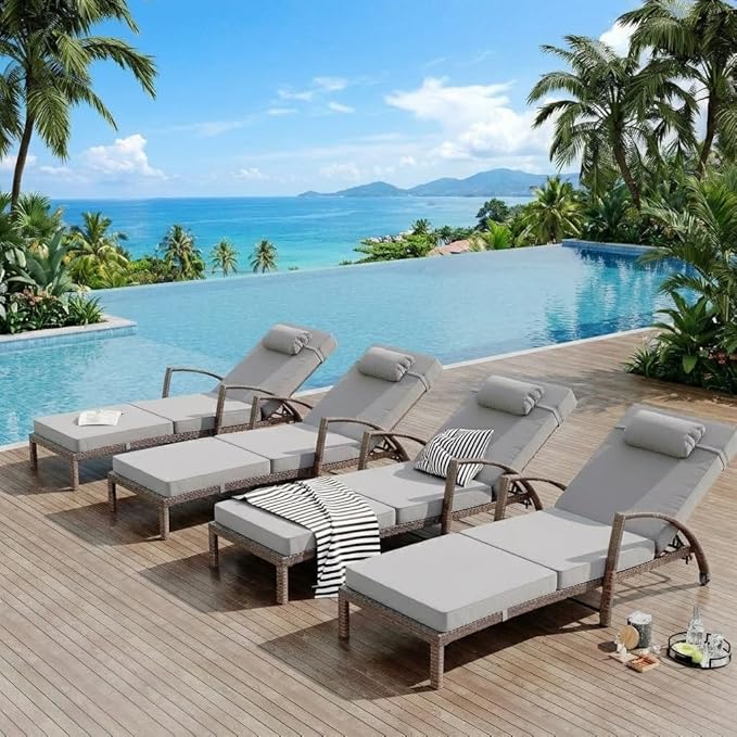 Outdoor Chaise Lounge Set of 2, 5-Position Adjustable PE Wicker Reclining Chairs with Wheels & 3.5" Cushions, 400 lbs Capacity All-Weather Patio Furniture for Poolside, Garden, Beach(Gray)