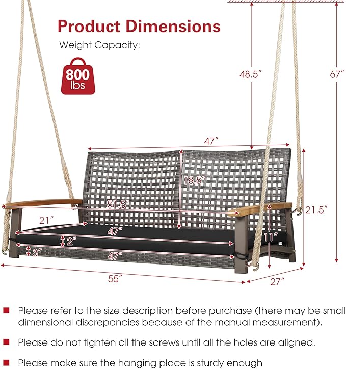 Tangkula 2-Person Outdoor Porch Swing with 118" Hanging Ropes, Patiojoy PE Wicker Patio Hanging Swing Bench with Soft Seat Cushion & 800 Lbs Weight Capacity, Suitable for Patio, Garden (Black)