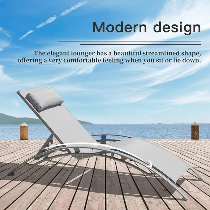 Domi Lounge Chair Set of 2, Aluminum Lounge Chairs for Outside with 5 Adjustable Positions, Chaise Lounge Outdoor for Pool, Garden, Beach, Camping, Backyard (Gray)