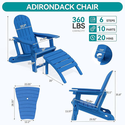 Vongrasig Adirondack Chairs Set of 2 with Removable Tabletop and Footrest, All-Weather HDPE Outdoor Chair Set with Wooden Textured, Cup Holder for Patio, Poolside, Deck, Garden, Light Blue