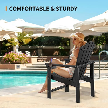 VINGLI Plastic Folding Adirondack Chair with Cup Holder, 100% Recyclable HDPE Material, Comfortable 380lb Weight Capacity for Outdoor Pool Patio Lounge Chair Lawn Furniture Fire Pit, 1 Pack, Black