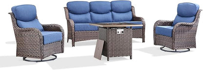 Luxury Patio Furniture Set with 6-inch Thick Cushion, Outdoor Furniture with Fire Pit Table, Swivel Chairs, Sofa, 4pcs Wicker Conversation Set for Deck Yard and Poolside(Blue)