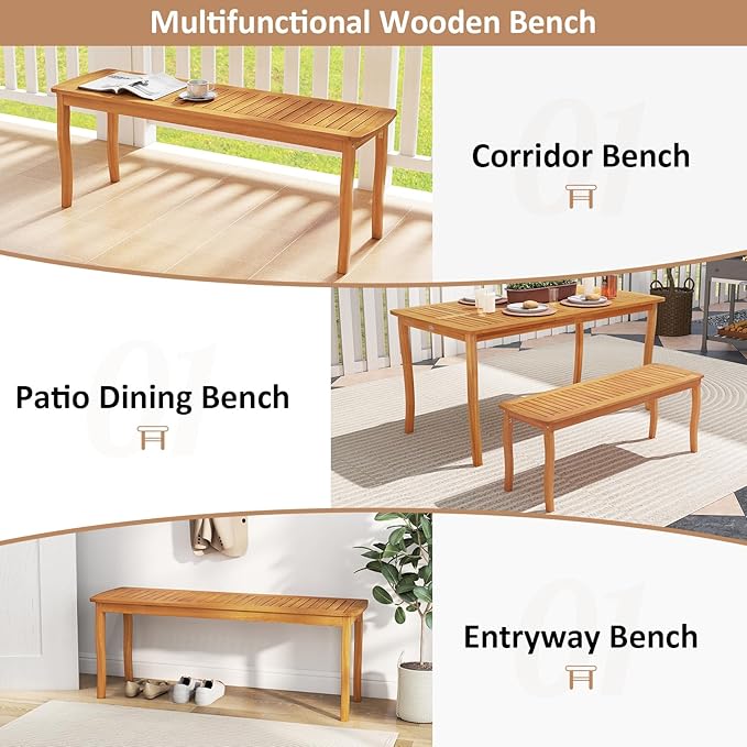 Tangkula Acacia Wood Outdoor Bench, 47" 2-Person Patio Dining Bench with Slatted Seat, Backless Wooden Entryway Bench, Farmhouse Indoor Outdoor Bench for Garden, Poolside, Deck & Park (1,Natural)