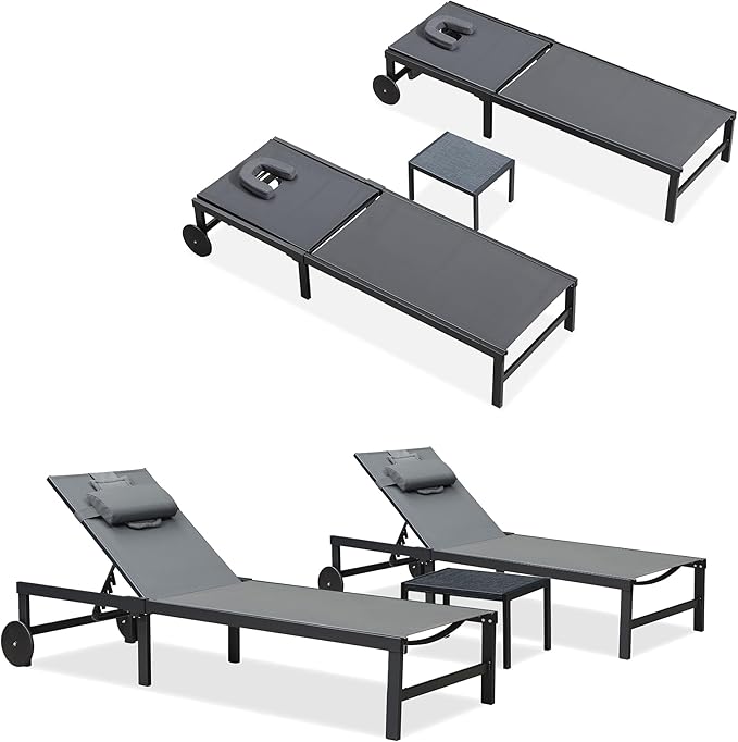 PURPLE LEAF Outdoor Tanning Lounge Chair Set with Face Hole Aluminum Adjustable Chairs Wheels Pillows and Table for Poolside Beach Patio Reclining Sunbathing Lounger Grey