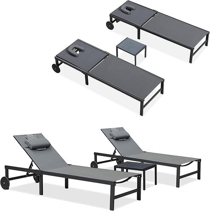 PURPLE LEAF Outdoor Tanning Lounge Chair Set with Face Hole Aluminum Adjustable Chairs Wheels Pillows and Table for Poolside Beach Patio Reclining Sunbathing Lounger Grey