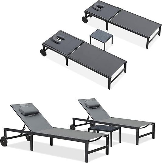 PURPLE LEAF Outdoor Tanning Lounge Chair Set with Face Hole Aluminum Adjustable Chairs Wheels Pillows and Table for Poolside Beach Patio Reclining Sunbathing Lounger Grey