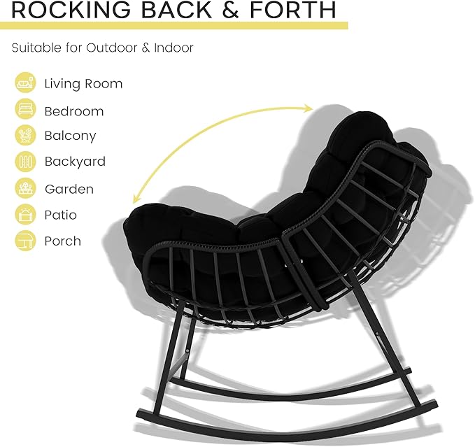 Kromax Oversized Outdoor Papasan Rocking Chair, Wicker Egg Chair Rocker for Outside, Comfy Patio Rocker, Large Indoor Rocking Recliner, Modern Egg Style, Black
