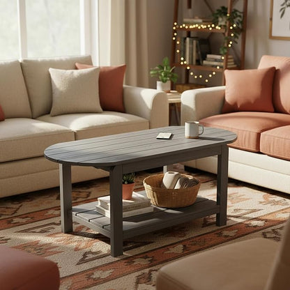 HIPS Coffee Table with Rounded Curved Sides Indoor Outdoor, Rustic Wood Desktop Easy Assembly Farmhouse Style, Suitable for Home Office Use. (Grey)