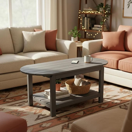 HIPS Coffee Table with Rounded Curved Sides Indoor Outdoor, Rustic Wood Desktop Easy Assembly Farmhouse Style, Suitable for Home Office Use. (Grey)