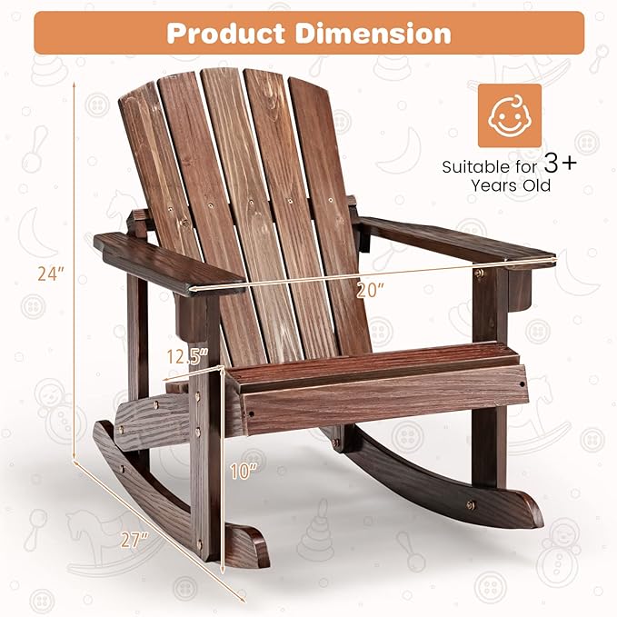 Giantex Wooden Adirondack Rocking Chairs Set of 2 - Kids Outdoor Rocker with Slatted seat, Smooth Rocking Feet, 300LBS Weight Capacity, Porch Rocking Chair for Balcony, Backyard, Poolside (2, Coffee)