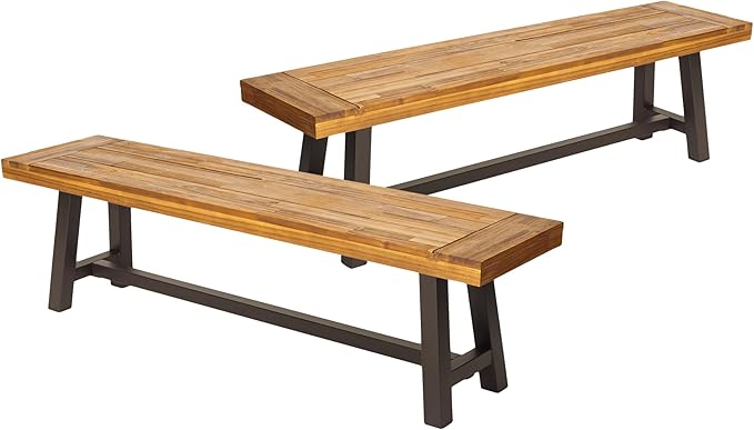 Outdoor Bench Set of 2 - Modern Industrial Acacia Wood Patio Benches, Weather-Resistant Powder-Coated Metal Frame & Slat Design, Backyard Garden Seating (63" W Each) (Brown)