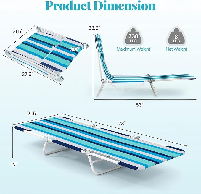GYMAX Tanning Chair, 2Pcs Folding Beach Chairs with Adjustable Backrest, Footrest, 330lbs Capacity & Shoulder Strap, Portable Layout Sunbathing Loungers for Outside, Patio, Poolside (Blue Stripe)