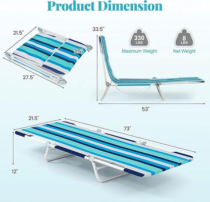 GYMAX Tanning Chair, 2Pcs Folding Beach Chairs with Adjustable Backrest, Footrest, 330lbs Capacity & Shoulder Strap, Portable Layout Sunbathing Loungers for Outside, Patio, Poolside (Blue Stripe)