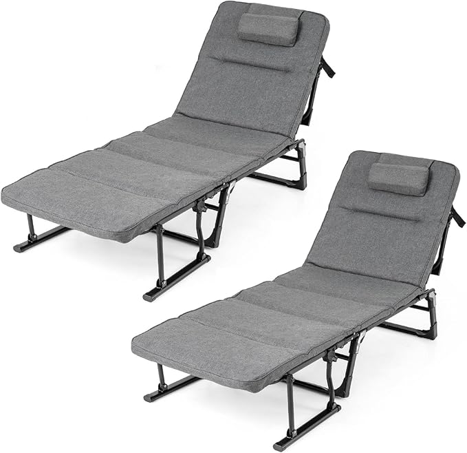 Tangkula Lounge Chair Outdoor with Cushion, 3 in 1 Convertible Outdoor Indoor Heavy Duty Folding Chaise Lounge Chair with 6-Position Adjustable Backrest & Flip-up Pillow (2,Gray)
