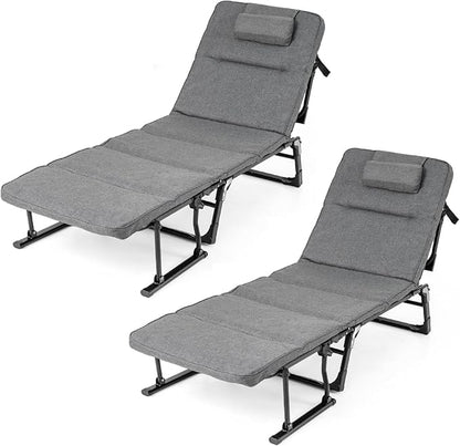 Tangkula Lounge Chair Outdoor with Cushion, 3 in 1 Convertible Outdoor Indoor Heavy Duty Folding Chaise Lounge Chair with 6-Position Adjustable Backrest & Flip-up Pillow (2,Gray)