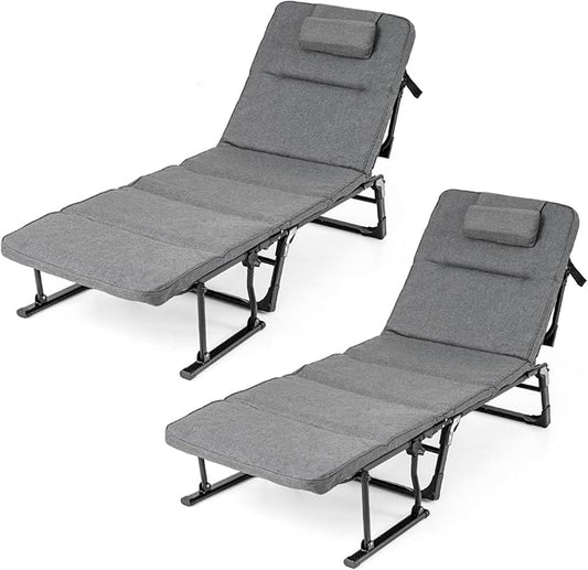 Tangkula Lounge Chair Outdoor with Cushion, 3 in 1 Convertible Outdoor Indoor Heavy Duty Folding Chaise Lounge Chair with 6-Position Adjustable Backrest & Flip-up Pillow (2,Gray)