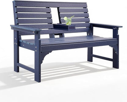 Outdoor Bench Weatherproof - HDPE 2-Person Garden Bench with Cup Holders, Bench Furniture with Backrest and Armrests, 700 lbs Capacity, Patio Park Bench for Front Porch Backyard Park (Blue)