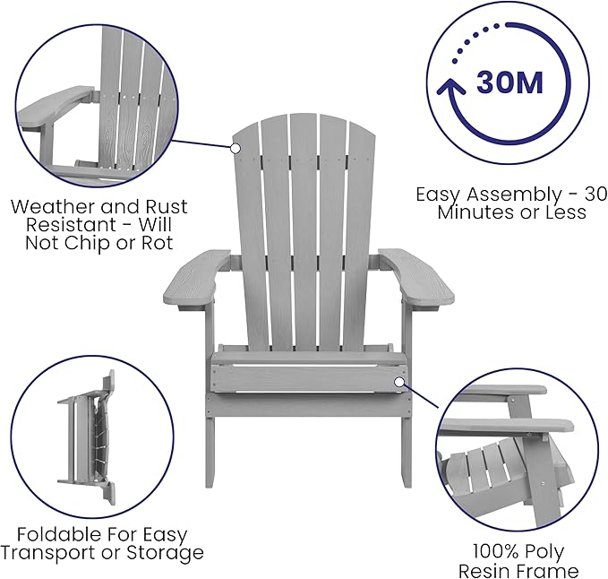 Flash Furniture Charlestown Commercial Folding Adirondack Chair - Gray - Poly Resin - Indoor/Outdoor - Weather Resistant