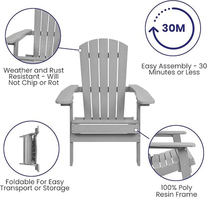 Flash Furniture Charlestown Commercial Folding Adirondack Chair - Gray - Poly Resin - Indoor/Outdoor - Weather Resistant