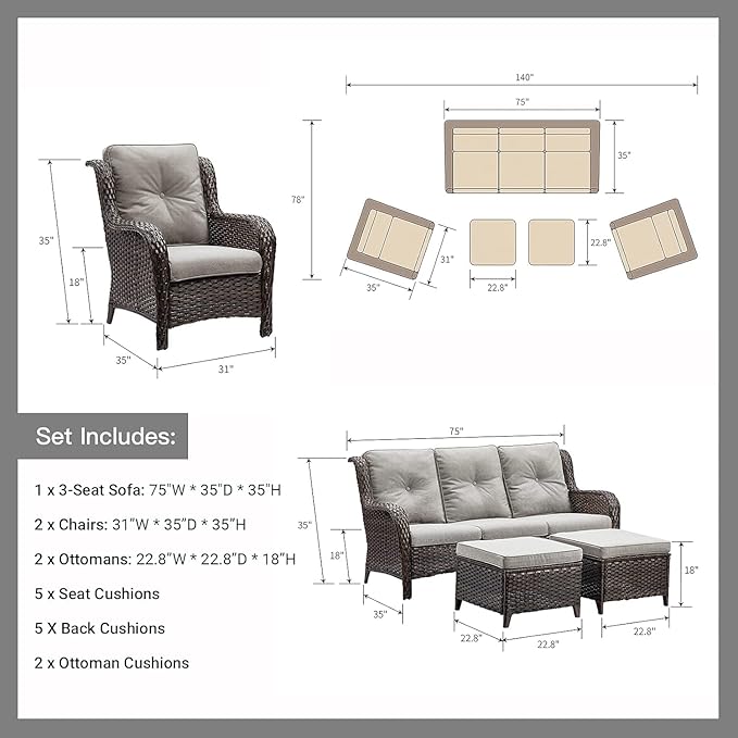 HUMMUH 6 Pieces Patio Furniture Set with Fire Pit Table High Back Outdoor Conversation Set Wicker Patio Couch Outdoor - Photo 2