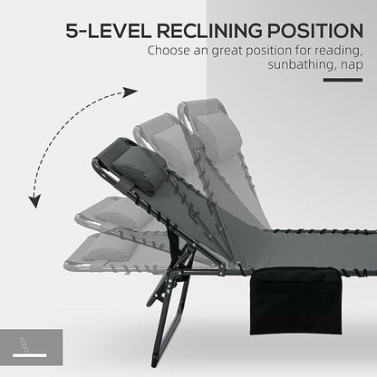 Outsunny Folding Chaise Lounge with 5-Level Reclining Back, Tanning Chair with Face Hole, Outdoor Lounge Chair with Side Pocket & Headrest for Beach, Yard, Patio, Gray