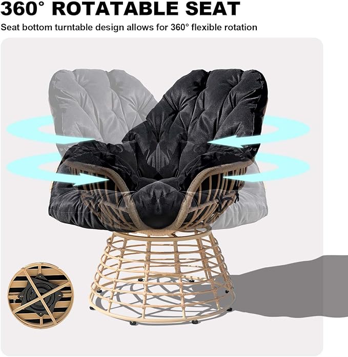 Swivel Chairs for Outside Patio Set of 3, 360° Swivel Pe Wicker Luxury Lounger Chair with 20" Side Table, Soft Cushion and Durable Frame, for Apartment Balcony, Patio, Porch, Yard (Black)