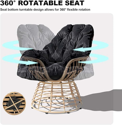 Swivel Chairs for Outside Patio Set of 3, 360° Swivel Pe Wicker Luxury Lounger Chair with 20" Side Table, Soft Cushion and Durable Frame, for Apartment Balcony, Patio, Porch, Yard (Black)