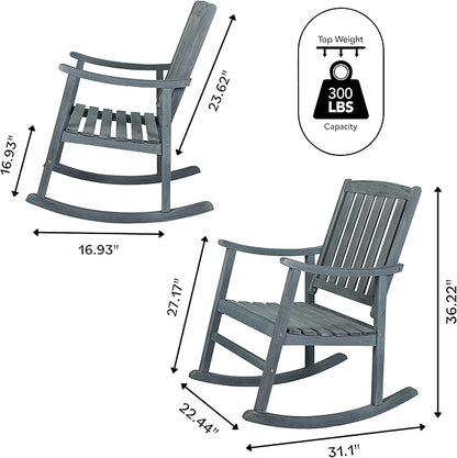 Eyely KCR102B Winnie Classic Slat-Back 300-Lbs Support Acacia Wood Patio Outdoor Rocking Chair for Garden, Lawn, Backyard, Pool, Deck, Beach, Firepit, Gray