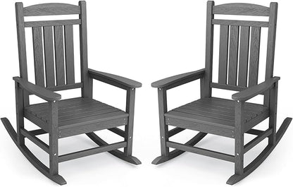KINGYES Oversized Outdoor Rocking Chair Set of 2, HDPE Patio Rocking Chairs for Adults,Gray