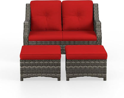 3 Piece Patio Furniture Set, 2-Seater Loveseat and 2 Ottomans PE Wicker Footstool, Outdoors Rattan Conversation Set with Deep Seating and Olefin Cushions, for Backyard, Garden, Red