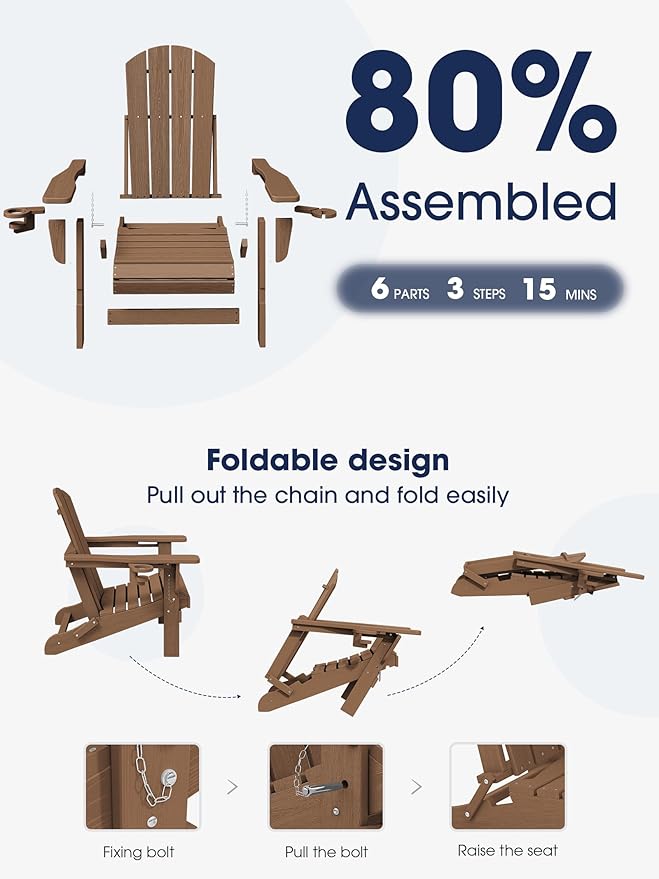 KINGYES Folding Adirondack Chair with Dual Cup Holders - HDPE All-Weather Outdoor Chairs, Wood-Like Patio Chair for Backyard, Camping, Pool & Fire Pit, Brown