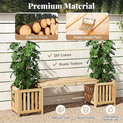 Wooden Garden Bench with Planter Boxes, Outdoor Patio Seat with Built-in Flower Pots, Rustic Elevated Planter Bench for Yard, Lawn, Backyard Seating & Gardening, Wooden Garden Benches with Planters