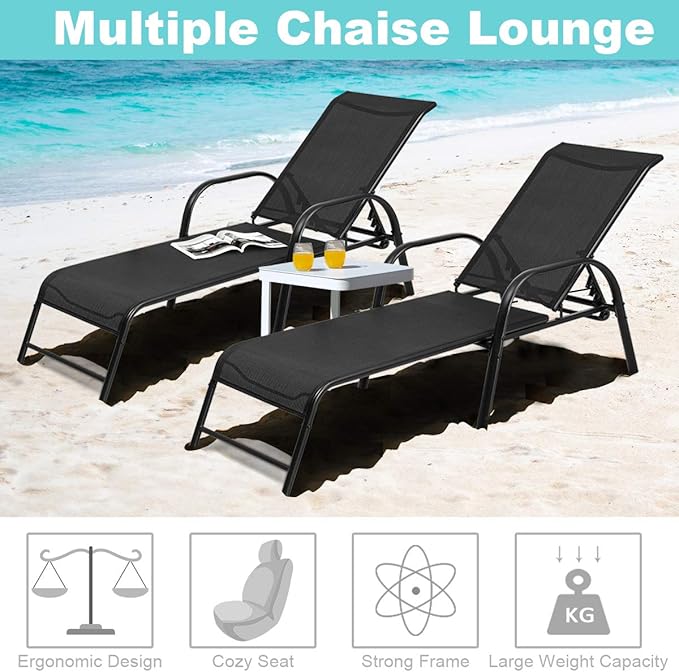 Tangkula Outdoor Patio Lounge Chairs Set of 2, Adjustable Folding Reclining Chaise Lounge, 5-Position Backrest Adjustment, Sling Chaise for Patio Beach Porch Swimming Poolside