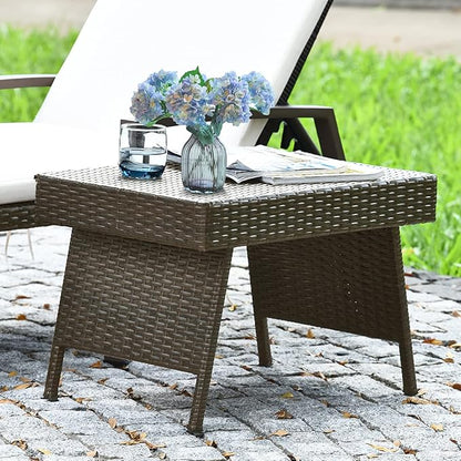 LDAILY Outdoor Side Table, Portable Wicker Coffee Table with Rattan and Steel Frame, All Weather Pre-Assembled Coffee Furniture, Standing Folding Patio for Courtyard, Poolside, Garden (Brown)