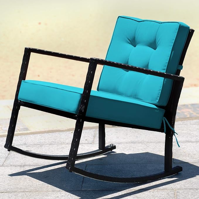 HAPPYGRILL Wicker Rocking Chair, Outdoor Patio Glider Chair with Heavy-Duty Frame, Thick Cushion, Rattan Rocking Chair for Backyard Garden Porch